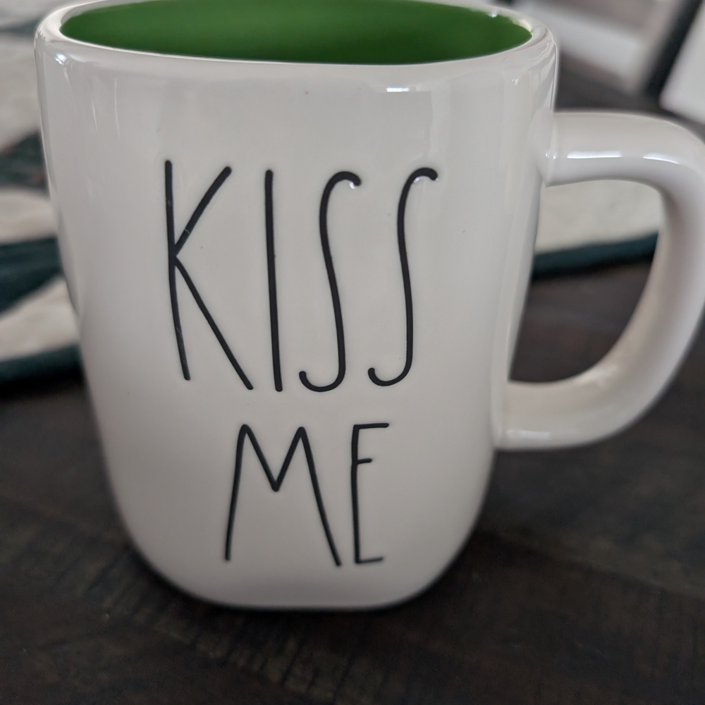 Rae Dunn White Mug with Green Interior - Kiss Me